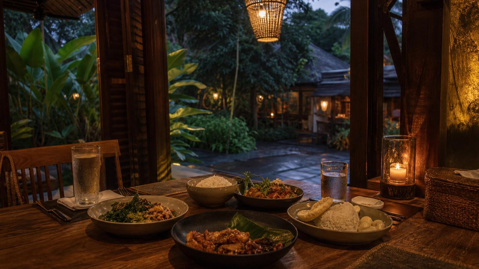 A calm open-air Ubud dinner table with warm light after arrival