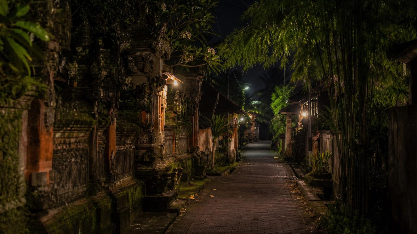 A quiet Ubud village lane at night with warm house lights