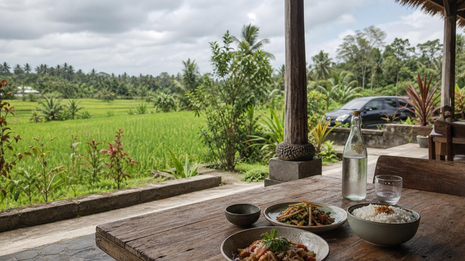 A shaded lunch table looking toward green Ubud rice fields