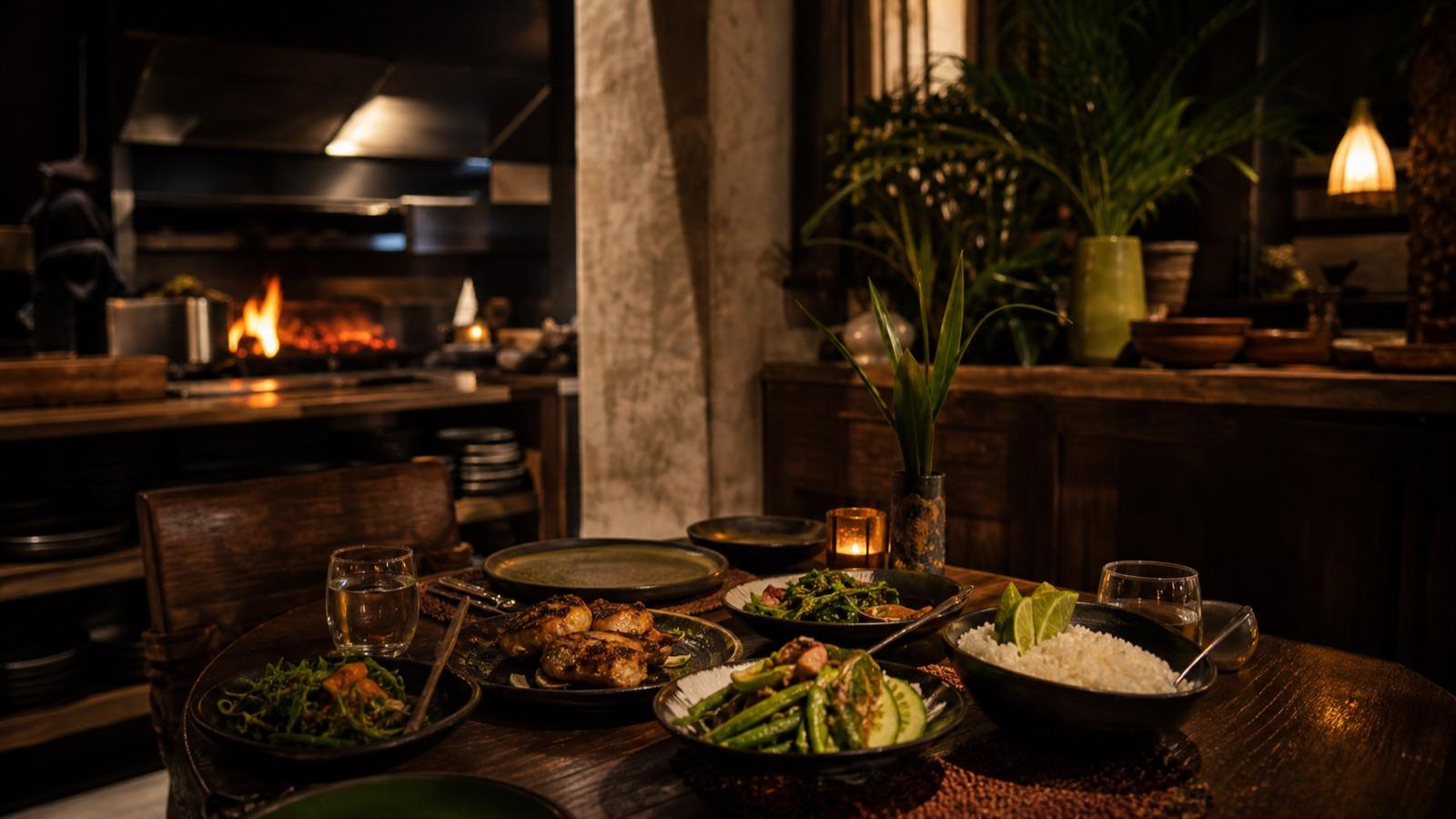 Shared Indonesian dishes beside a glowing open grill in a warm dining room