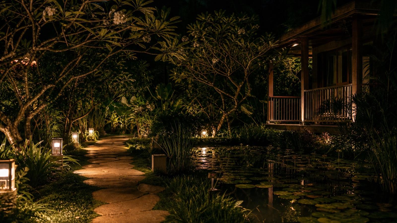 A lantern-lit tropical hotel garden path beside a still pond
