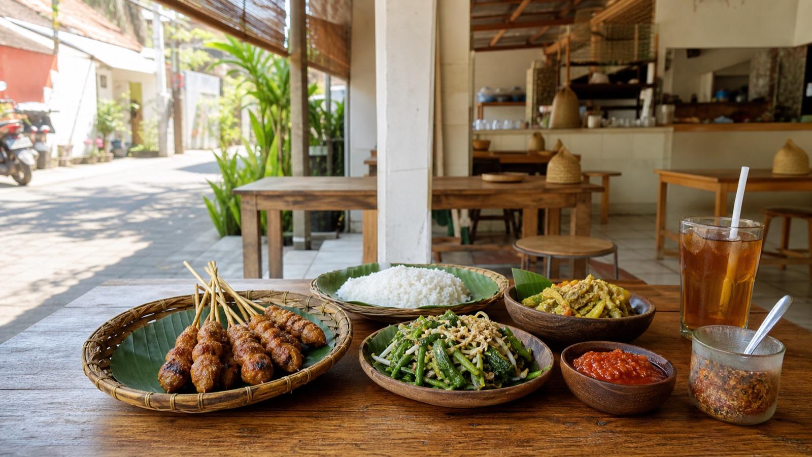 Balinese shared plates on a wooden table inside a small local warung
