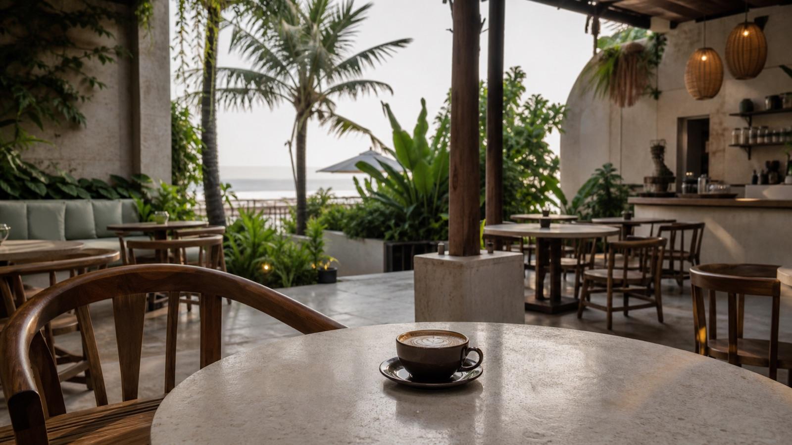 A calm open-air cafe with soft morning light