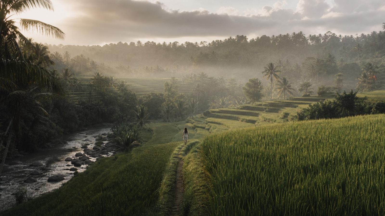 Soft golden light over a quiet Ubud garden and rice field edge